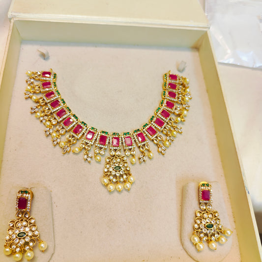 Cz stone gold plated jadau necklace set premium quality