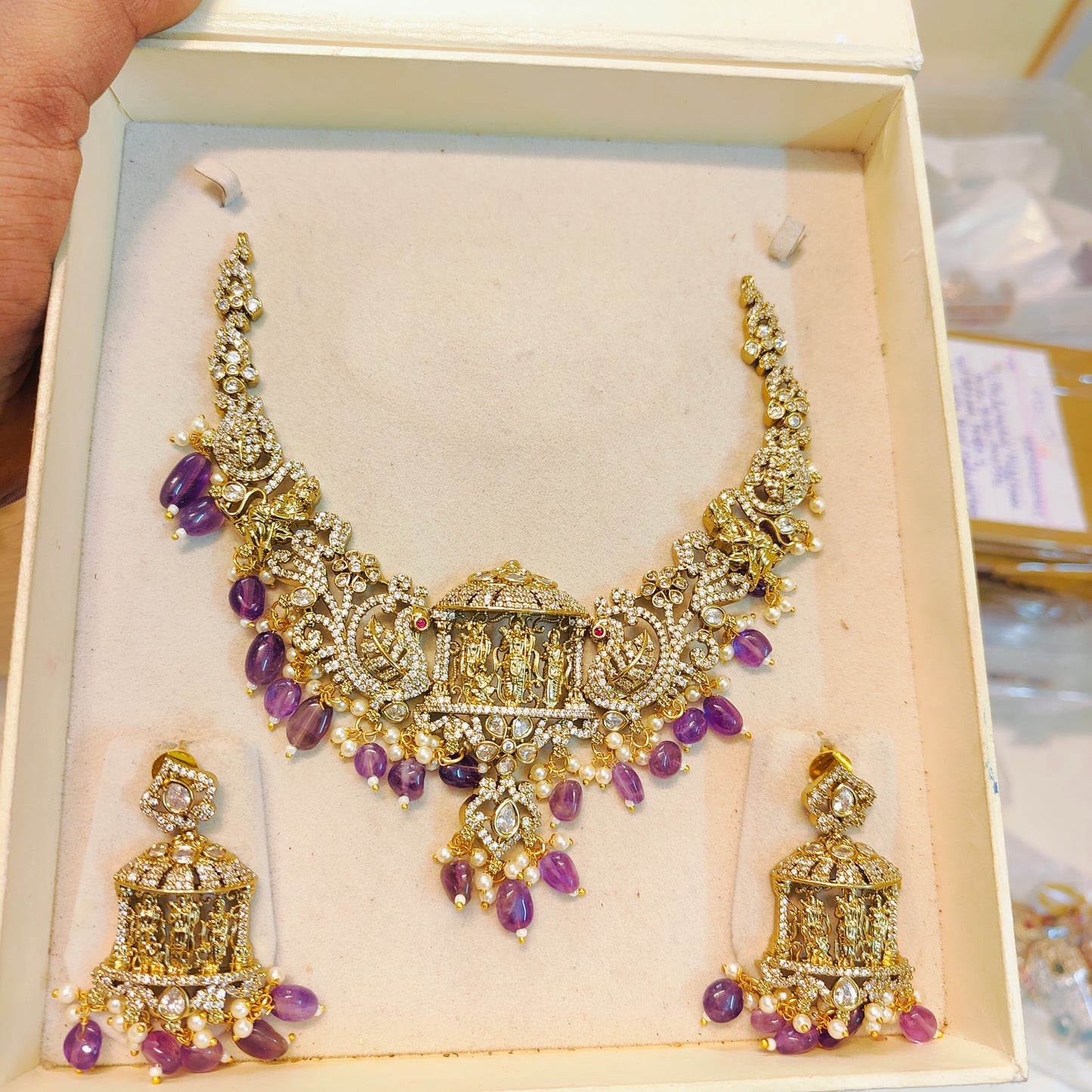 Cz stone gold antique finish ramparivar jadau necklace set