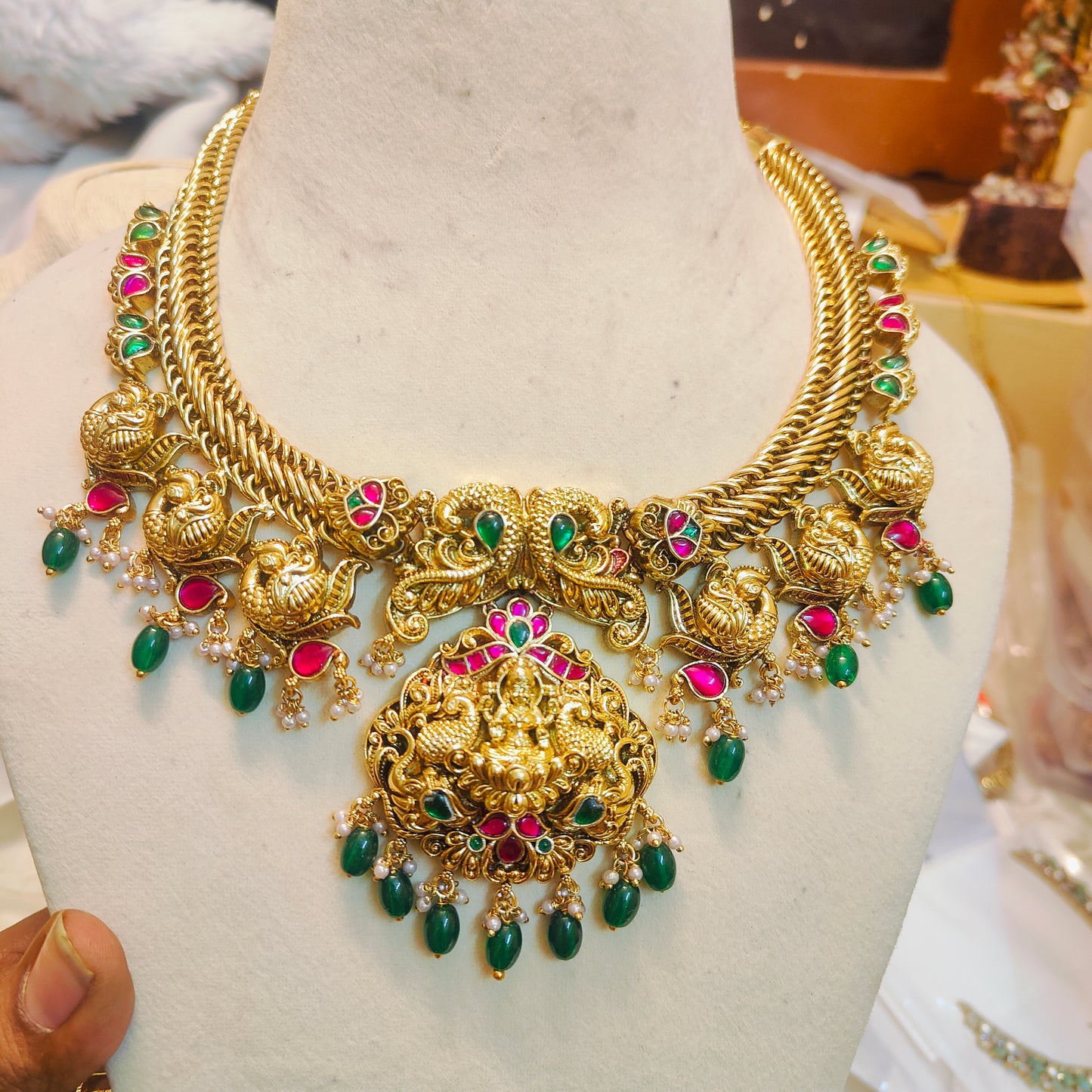 Jadau kundan real Kemp stones jalebi necklace set gold replica design customised design