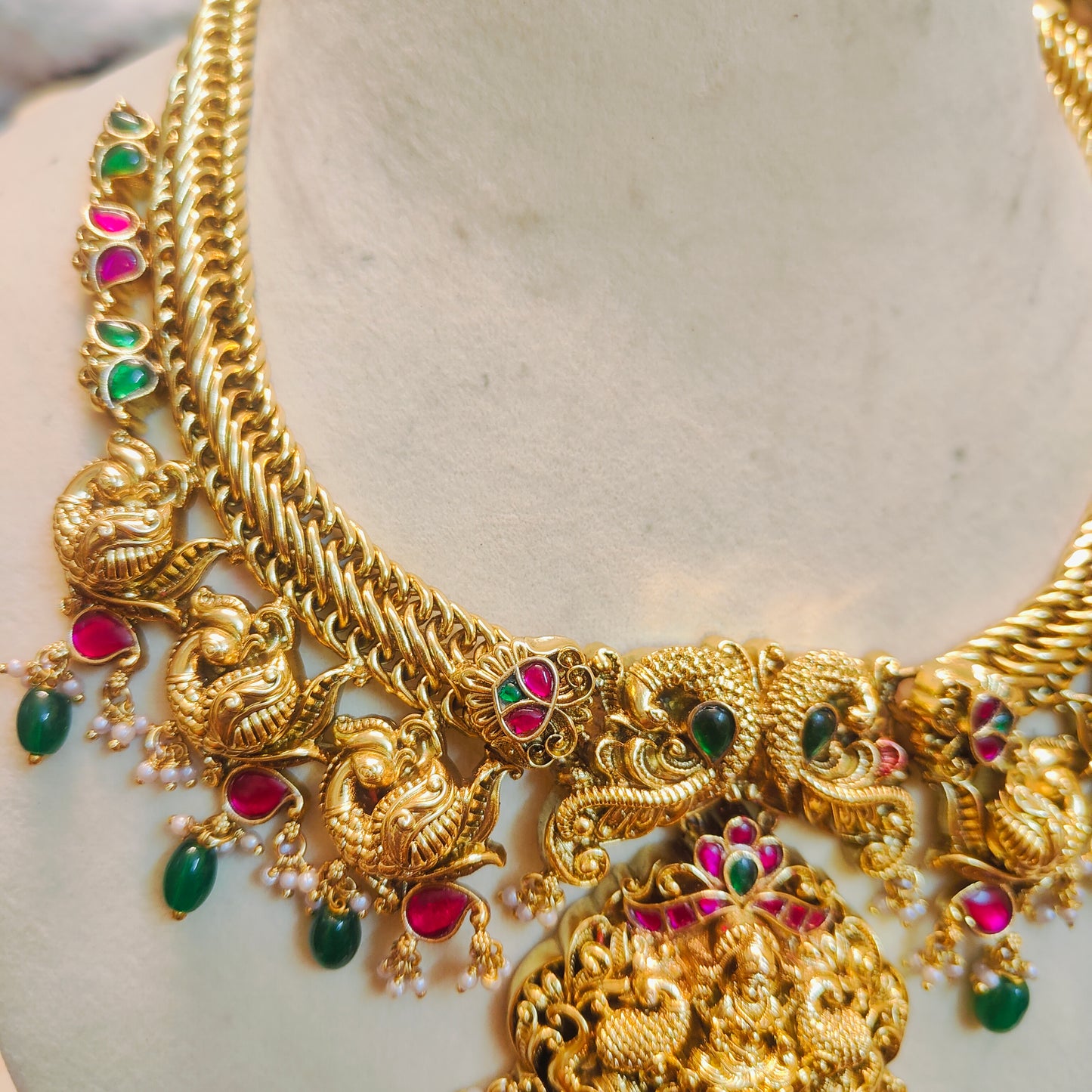 Jadau kundan real Kemp stones jalebi necklace set gold replica design customised design