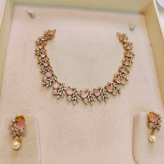 Pink cz stone leaf necklace set