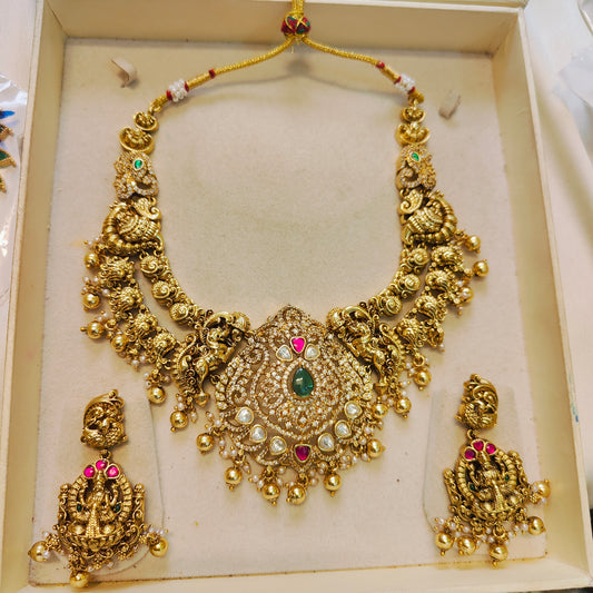 Cz stone gold antique finish nakshi necklace set premium quality