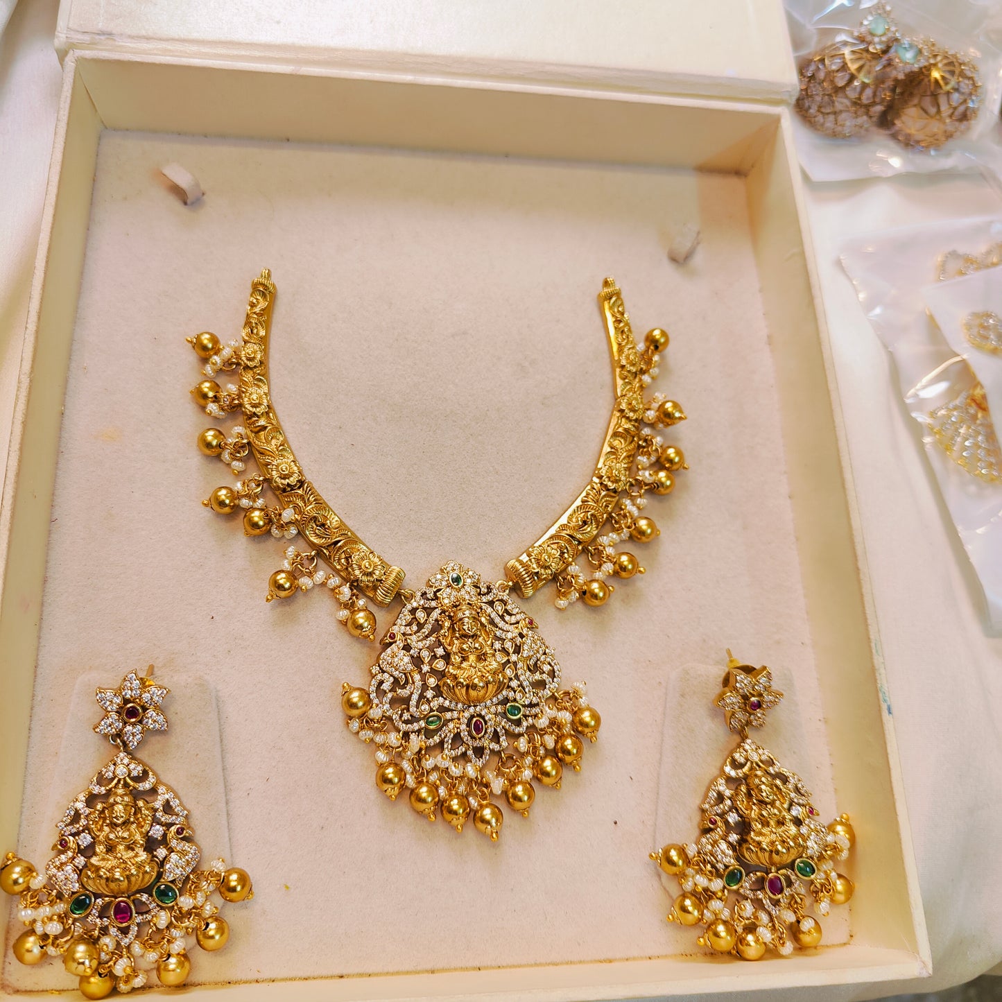 Cz stone gold antique nakshi finish Kanti necklace set gold replica design