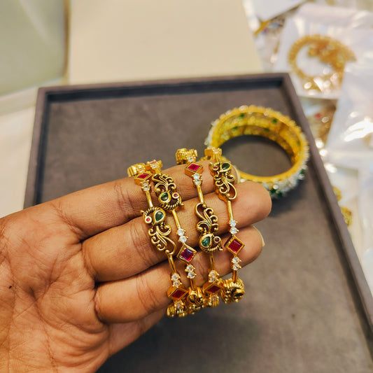 Cz stone gold antique finish bangles premium quality set of 4