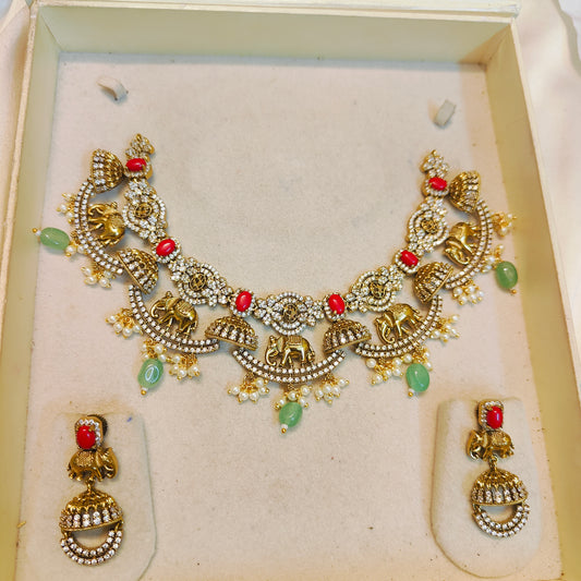 Cz stone gold antique finish necklace set premium quality