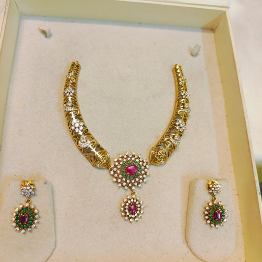 Cz stone gold antique finish necklace set premium quality