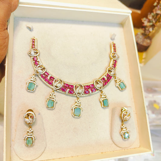 Classic AD stones diamond replica necklace set premium quality Rani pink