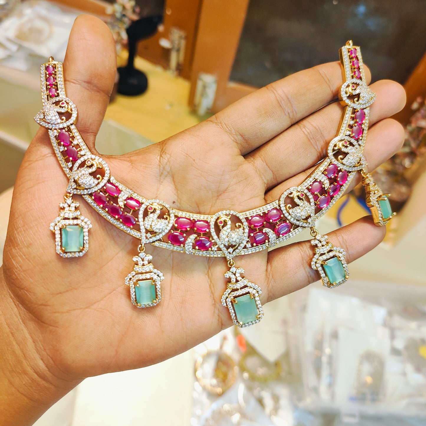 Classic AD stones diamond replica necklace set premium quality Rani pink
