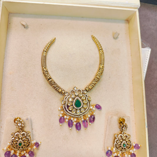 Victoria jadau finish Kanti necklace set with purple accents