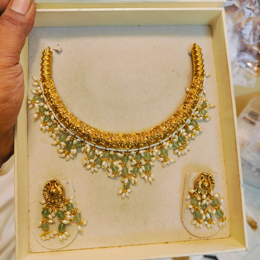 Real strawberry beads gold nakshi Kanti necklace set premium quality