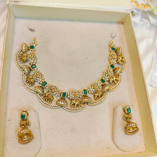 Cz stone gold plated jadau necklace set premium quality