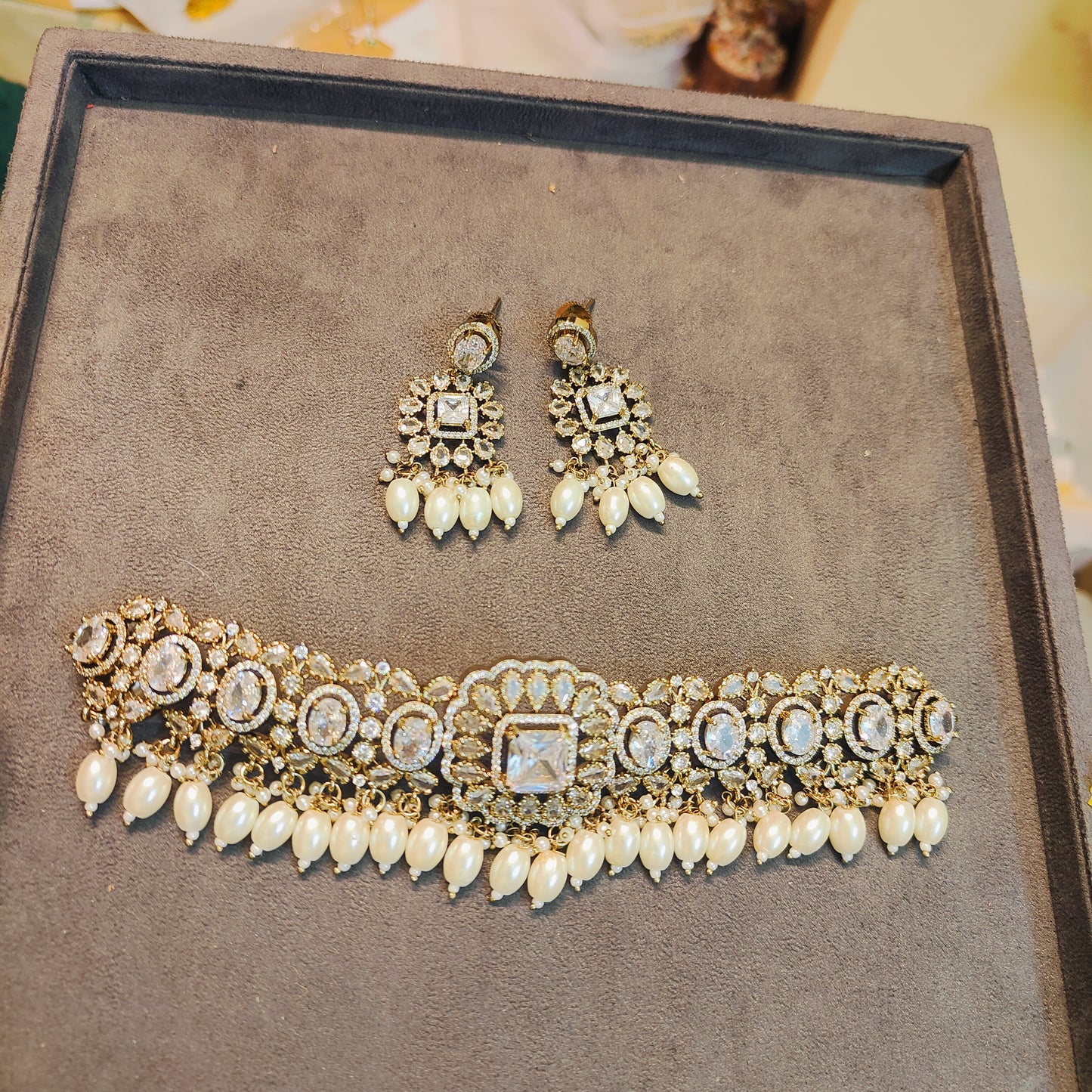 AD stones choker set with pearl accents