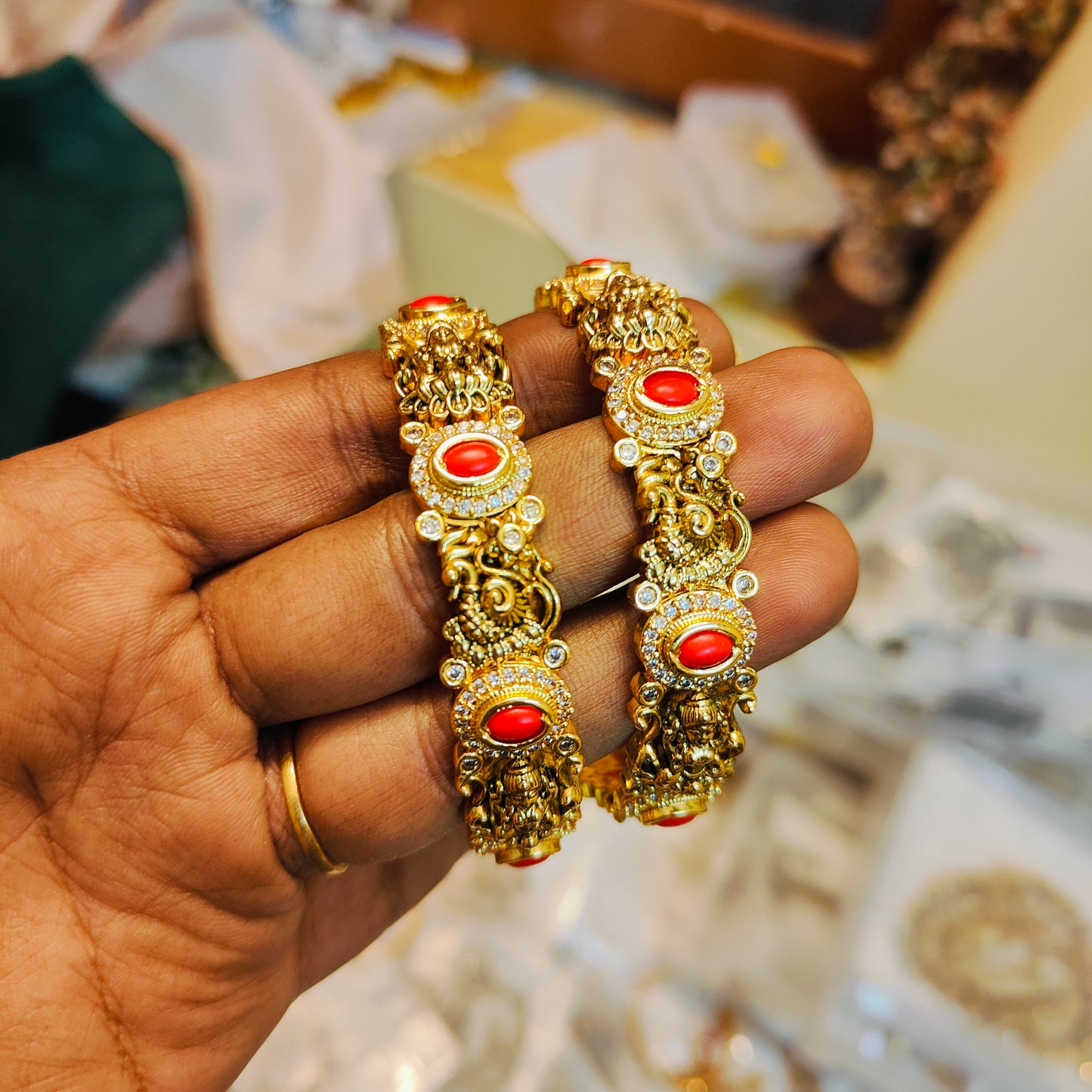 Gold antique nakshi finish peacock lakshmi bangles