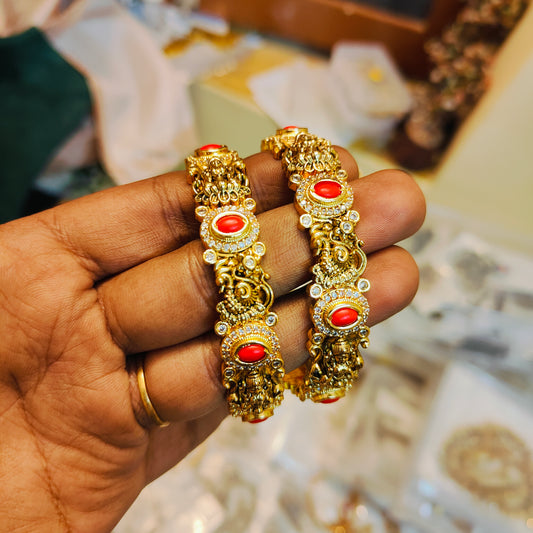 Gold antique nakshi finish peacock lakshmi bangles