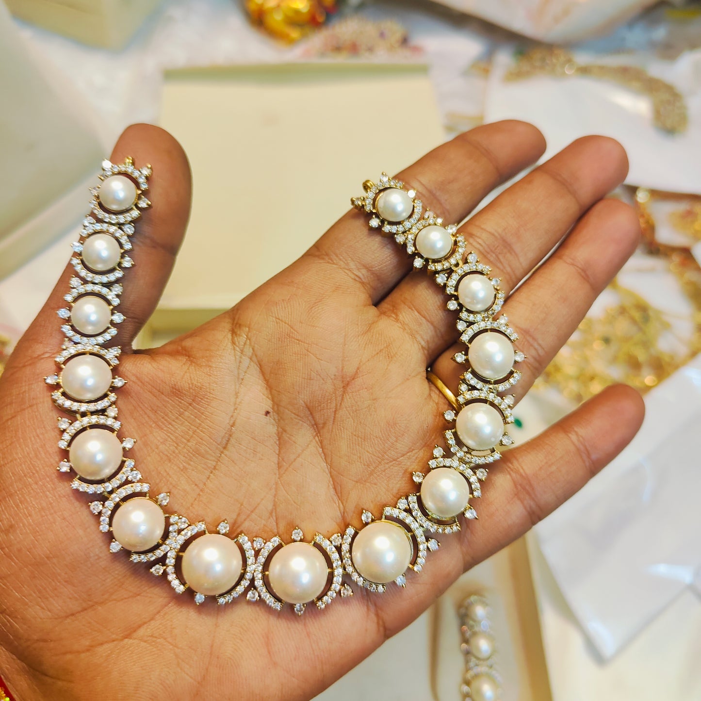 Diamond replica pearl necklace set premium quality