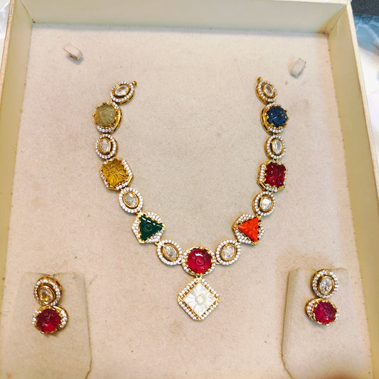 Jadau kundan Moissanite navratana neckset