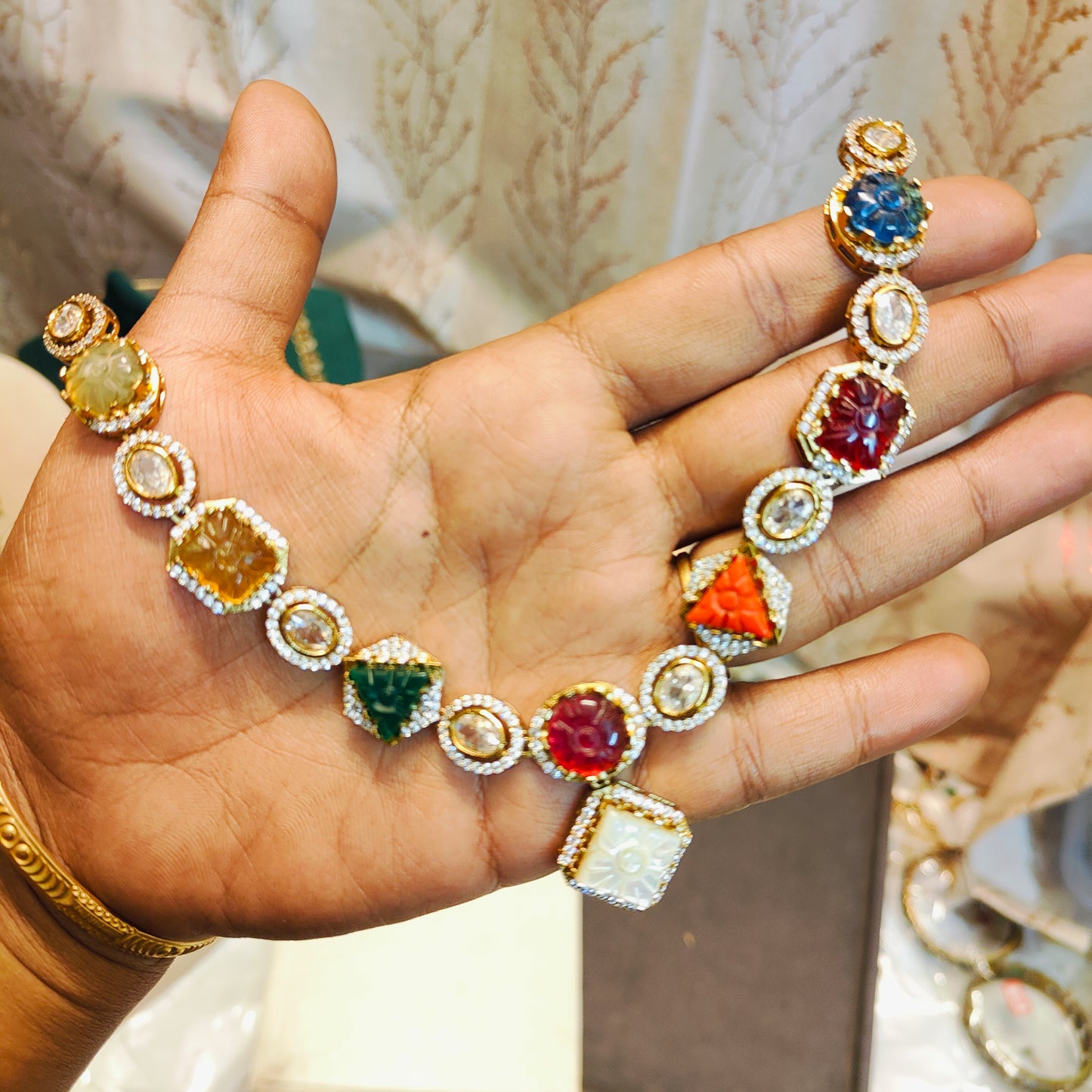 Jadau kundan Moissanite navratana neckset