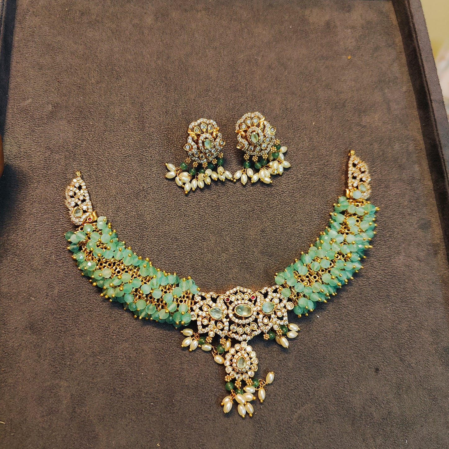 Cz stone beads gold plated necklace set