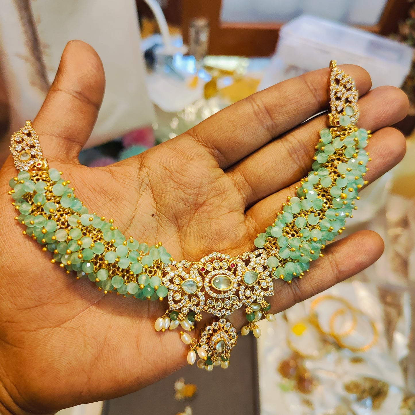Cz stone beads gold plated necklace set
