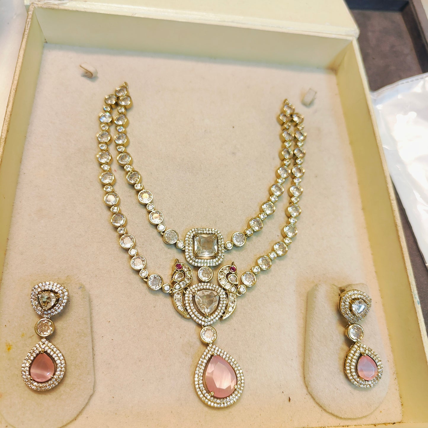Moissanite double layer necklace set with pink accent
