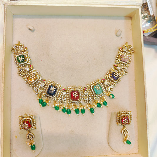 Royal multicolour cz stone necklace set