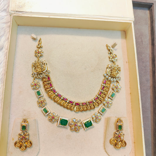 Temple inspired gold neckset with green & Ruby accents