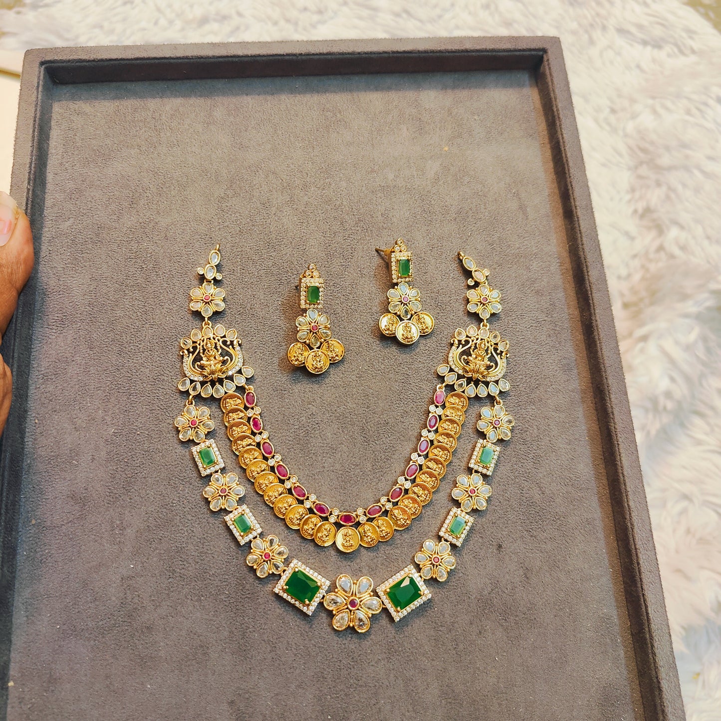 Temple inspired gold neckset with green & Ruby accents