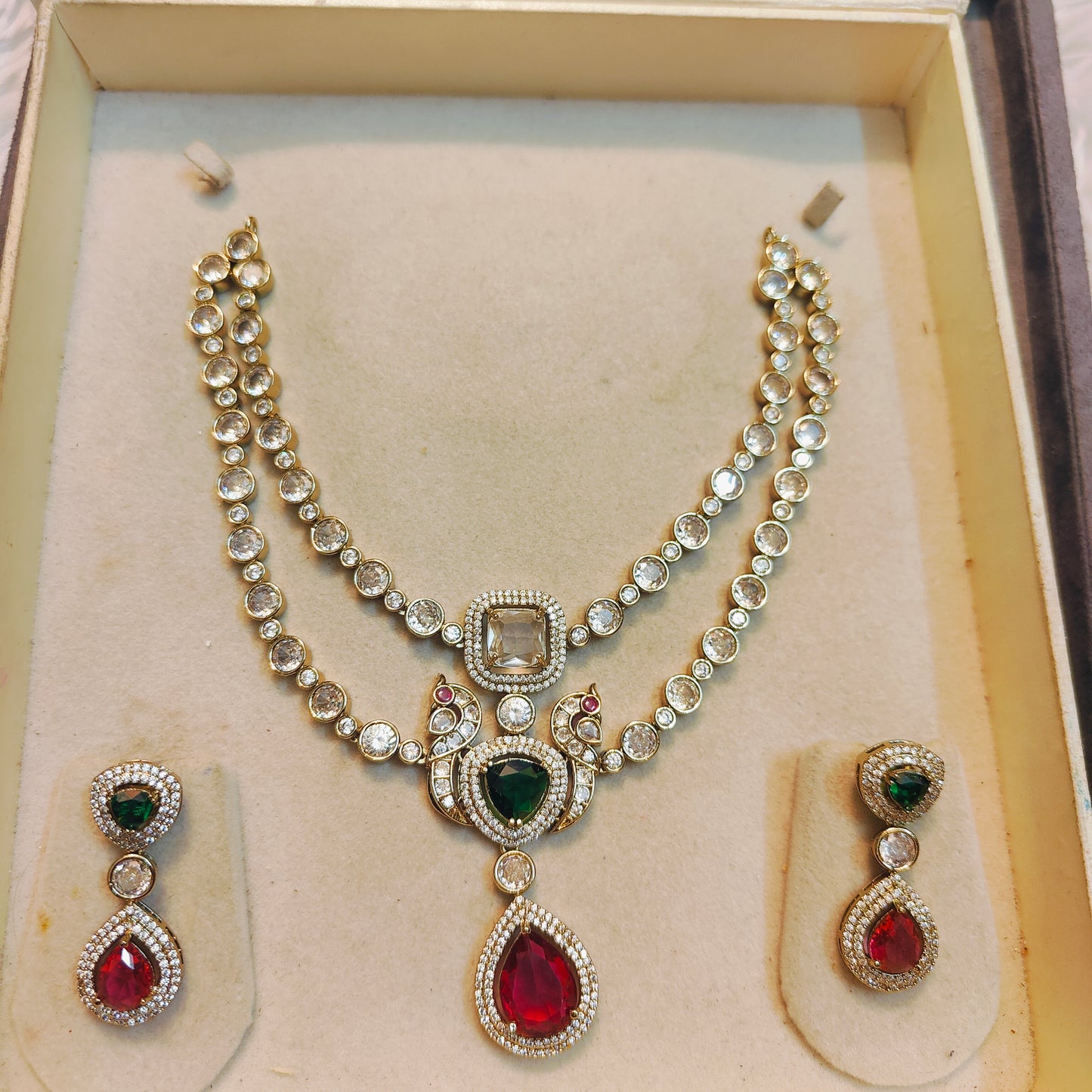 Peacock motif double layer Moissanite necklace set