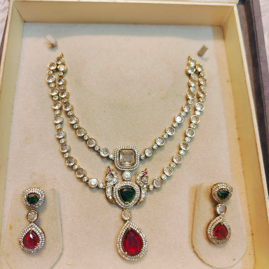 Peacock motif double layer Moissanite necklace set