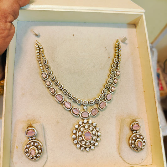 Elegant pink stone diamond necklace set