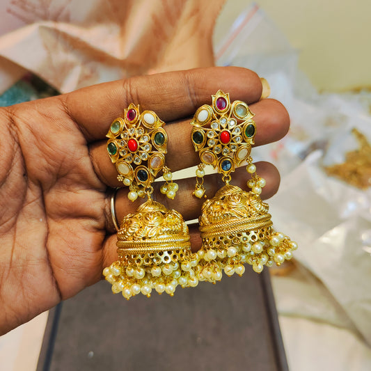 Traditional navratna jhumka with pearl drops