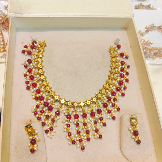 Ruby beads nakshi necklace set