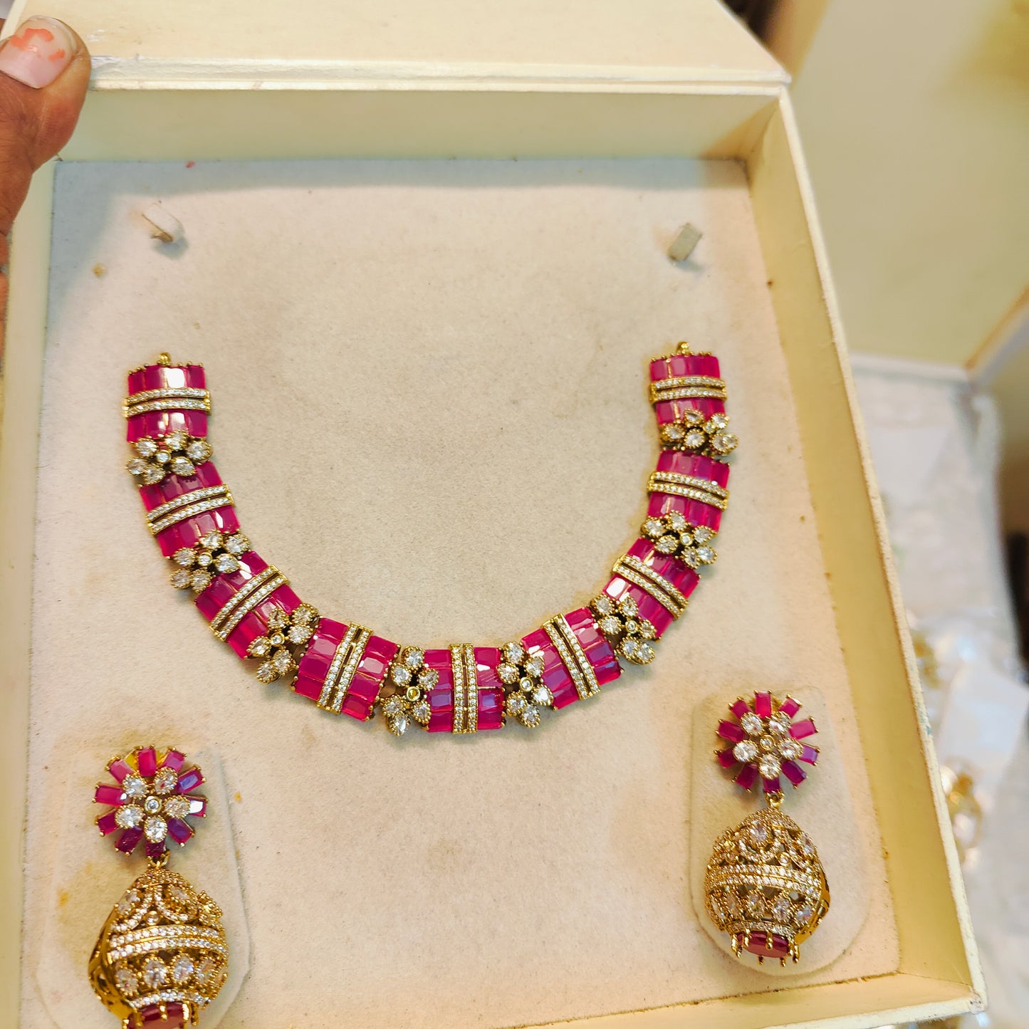 Royal ruby pink necklace with ornate drop earrings