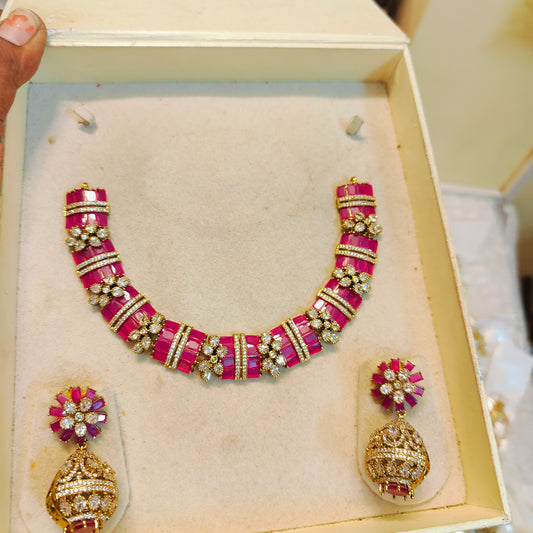Royal ruby pink necklace with ornate drop earrings