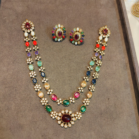 Royal multicolour Moissanite double layer necklace set