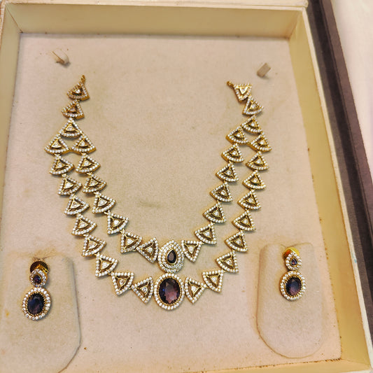 Unique triangular 2 layer jadau necklace set purple colour