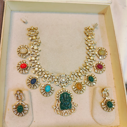 Navaratna ganesha Moissanite kundan neckset