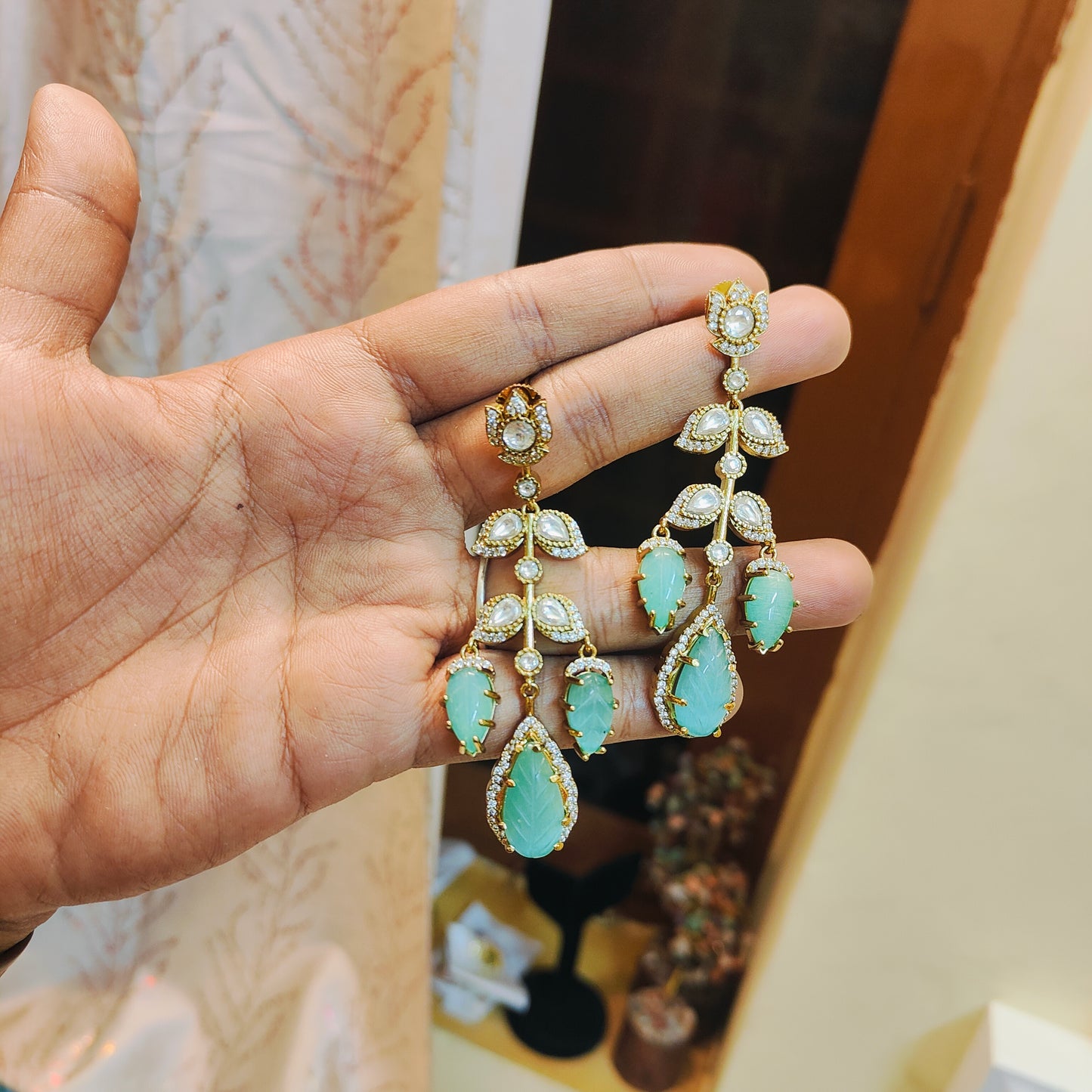 Mint green leaf drop earrings