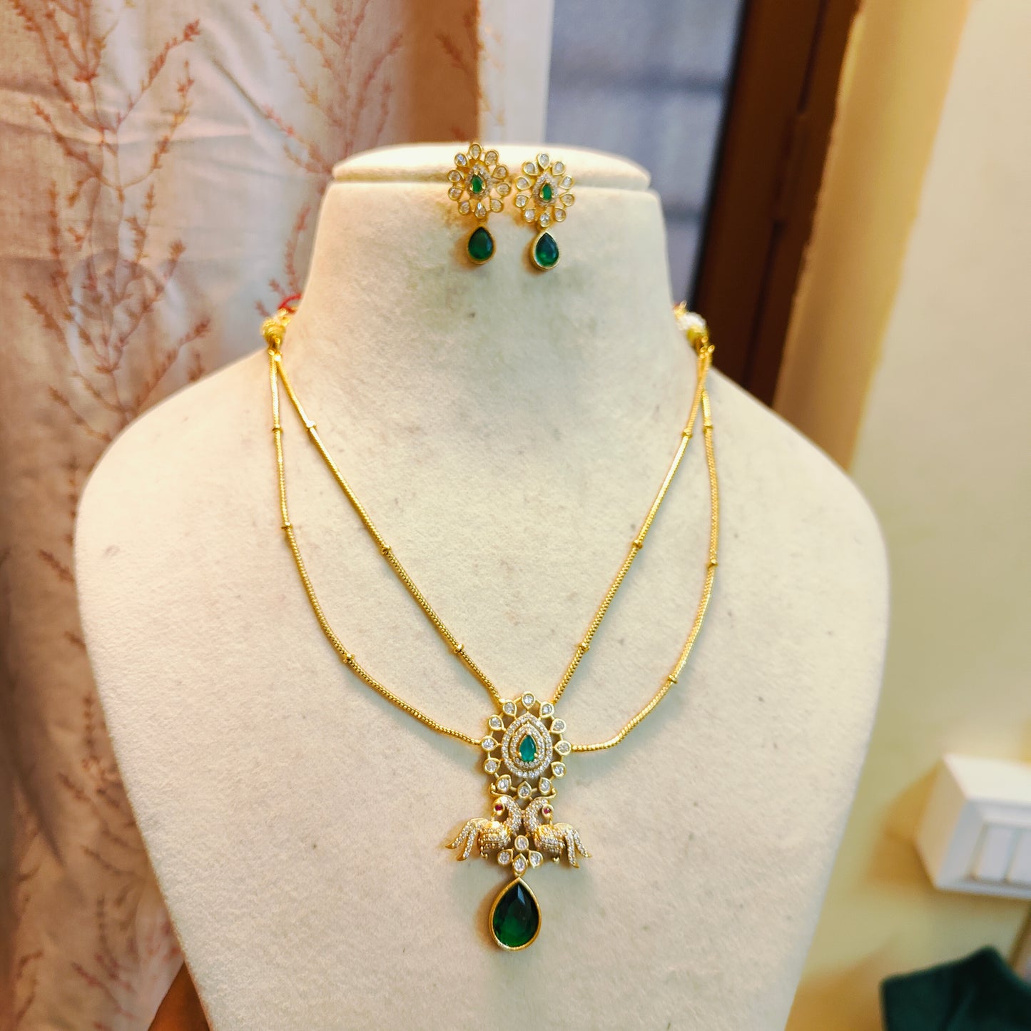 Double layer antique finish chain  with cz stone 14inches