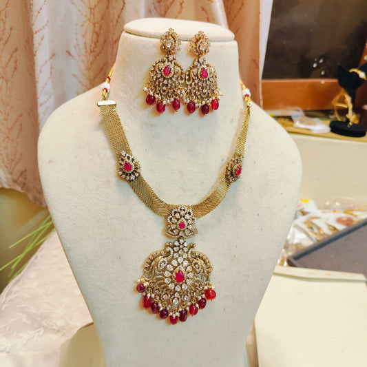 Gold inspired mesh ruby  necklace set