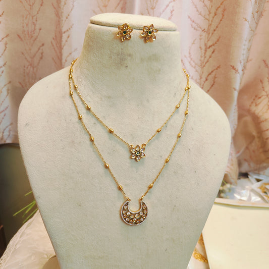Crescent kundan pendant dual layer antique finish chain