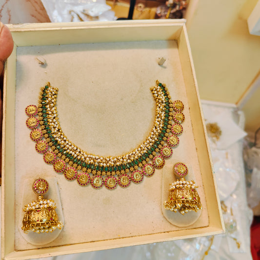 Antique lakshmi coin necklace set with pearl detailing