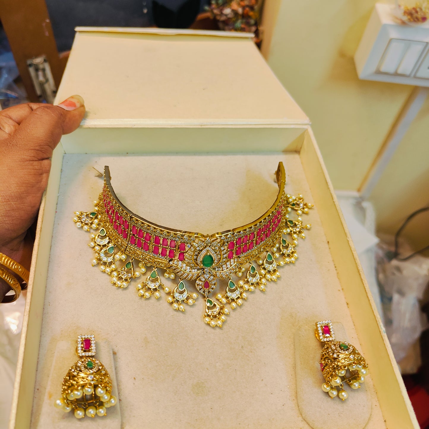 Antique ruby green stone choker set