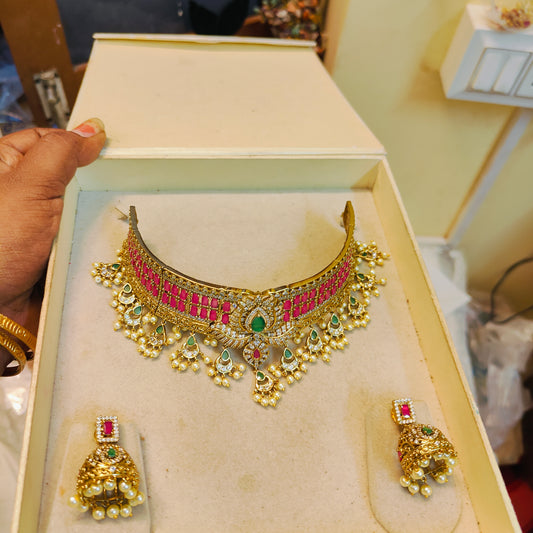 Antique ruby green stone choker set