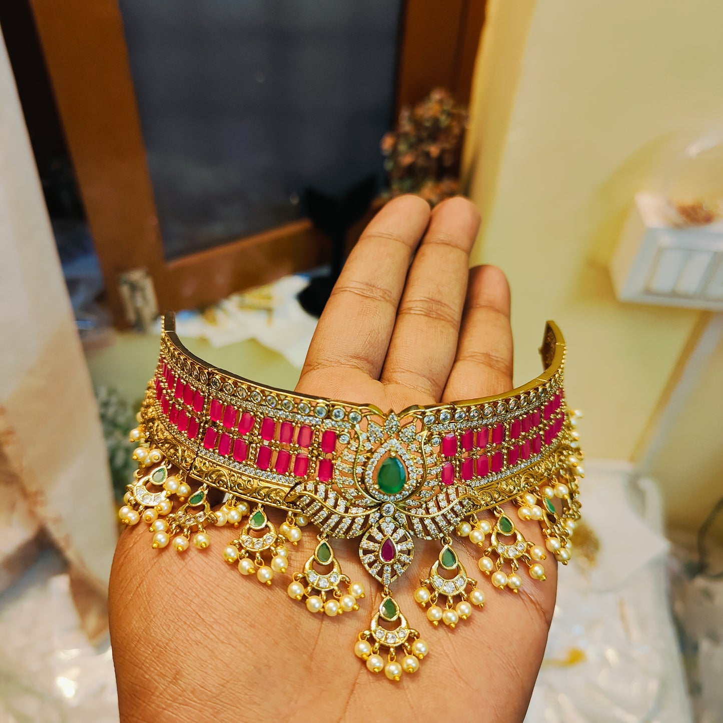 Antique ruby green stone choker set