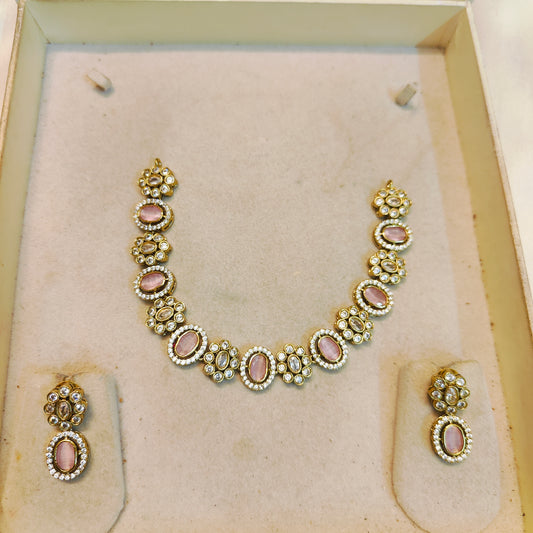 Elegant pink stone kundan necklace set