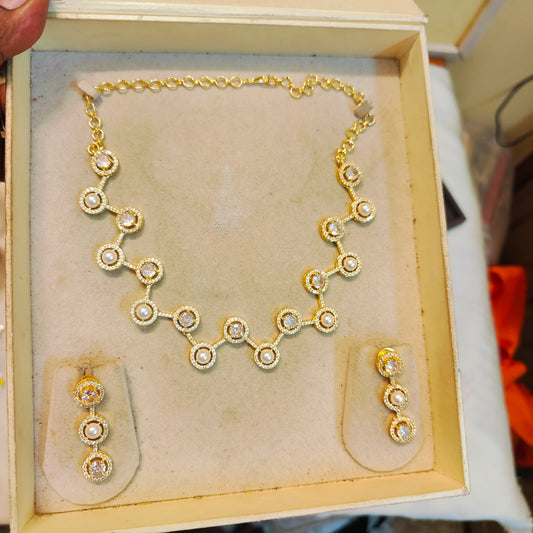 Elegant pearl cz circular necklace set