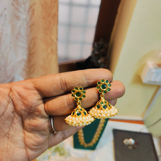 Antique green stone pearl jhumka