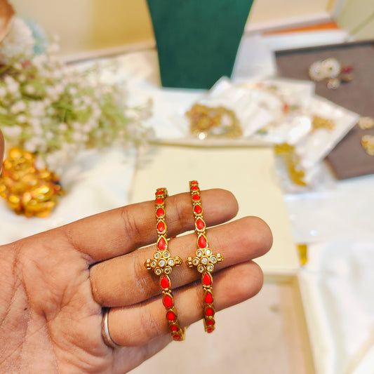 Traditional coral bangles with floral cz centerpiece