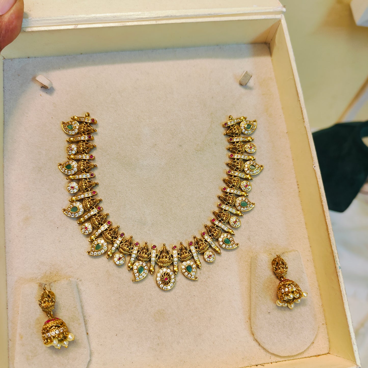 Gold antique finish lakshmi necklace set with jhumka